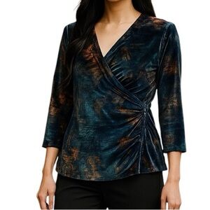 Soft Surroundings Large Velvet Velour Faux Wrap Shirt Elbow Length Sleeves